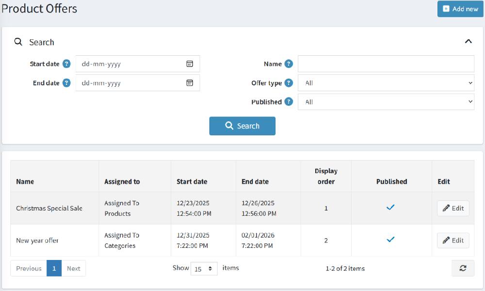 Product offer list view page